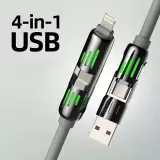 USB 4-in-1 Schnelllade-Kabel 30W | USB-C zu USB anti-verwickelndes Silikon RGB-LED Multi-Geräte-Kompatibilität und langlebig (2 m) - Grau
